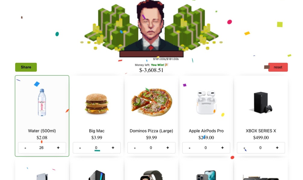 Virtual spending simulator concept with a balance and purchase options