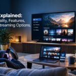 Movirz streaming guide showing a smart TV, devices, online safety, copyright, and legal streaming concepts.