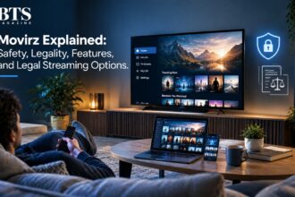 Movirz streaming guide showing a smart TV, devices, online safety, copyright, and legal streaming concepts.