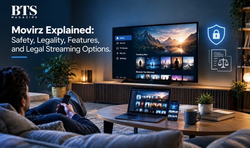 Movirz streaming guide showing a smart TV, devices, online safety, copyright, and legal streaming concepts.