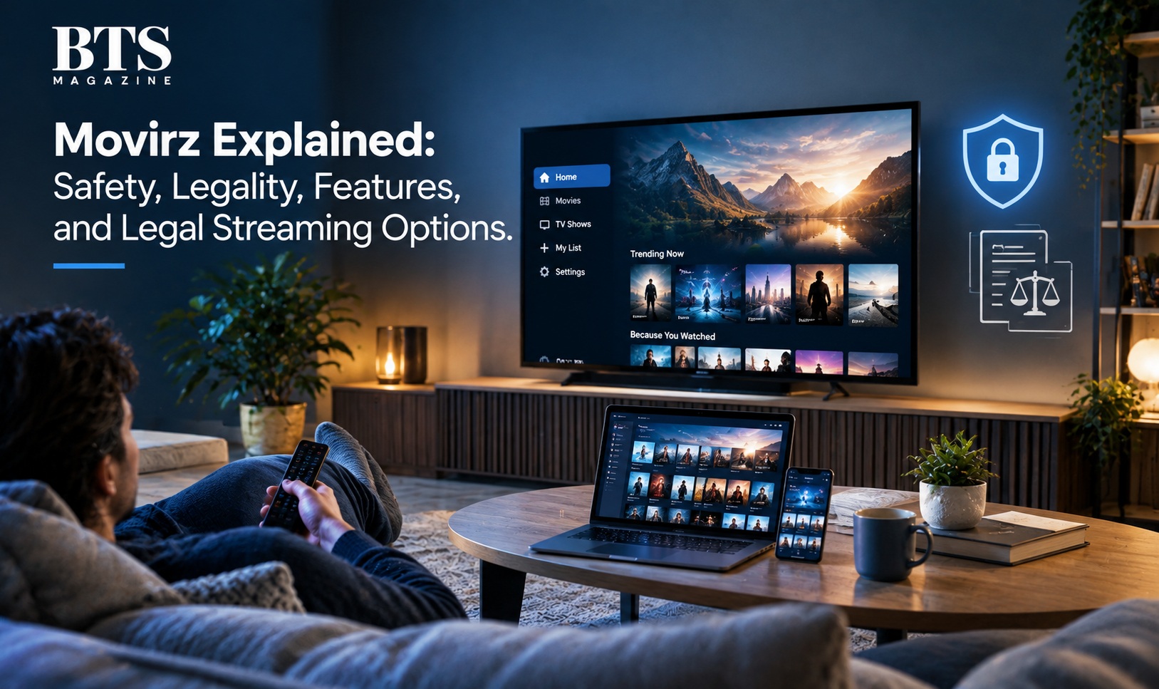 Movirz streaming guide showing a smart TV, devices, online safety, copyright, and legal streaming concepts.