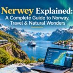 Nerwey Explained: Norway travel guide featuring fjords, mountains, railway, coastal village, and northern lights.