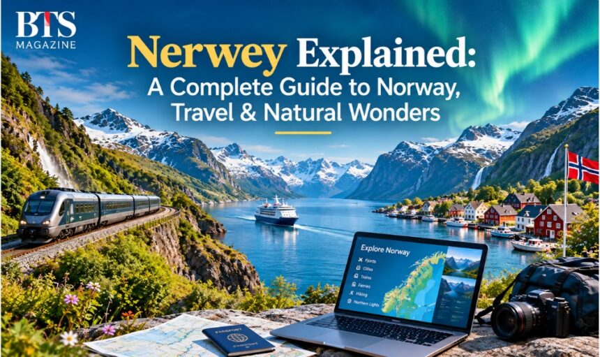 Nerwey Explained: Norway travel guide featuring fjords, mountains, railway, coastal village, and northern lights.