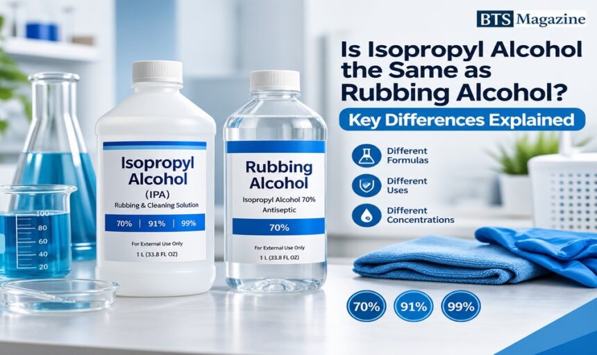 Is isopropyl alcohol the same as rubbing alcohol comparison showing alcohol bottles and different concentrations