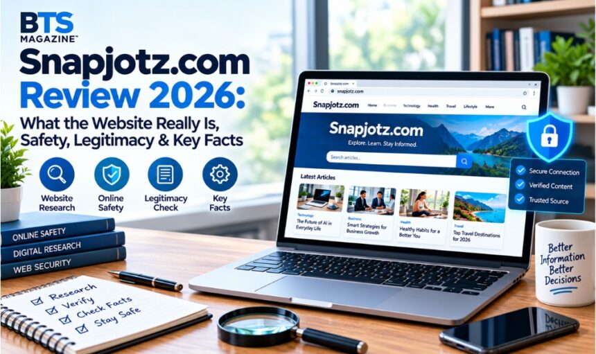 Snapjotz.com review showing website research, online safety, and legitimacy analysis on a laptop