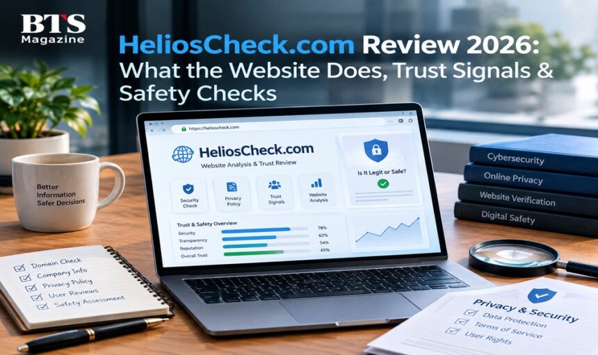 HeliosCheck.com Review 2026 showing website trust signals, security, privacy, and safety checks