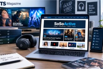 SoSoActive lifestyle and entertainment website guide displayed on a laptop with pop culture, music, movies, technology, and wellness elements