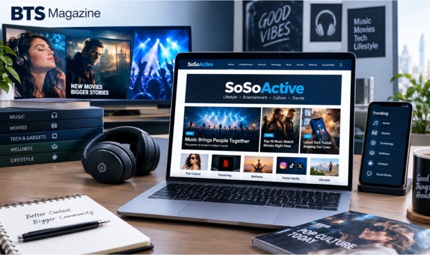 SoSoActive lifestyle and entertainment website guide displayed on a laptop with pop culture, music, movies, technology, and wellness elements