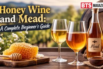 Honey wine and mead with honeycomb and glasses