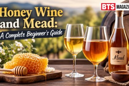 Honey wine and mead with honeycomb and glasses