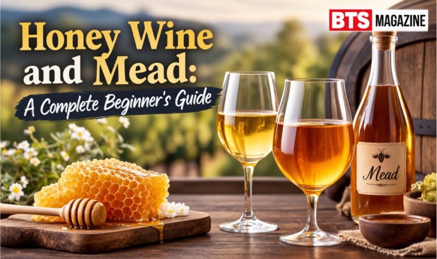 Honey wine and mead with honeycomb and glasses