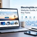 Blessingtide.com USA website guide showing faith, Bible verses, technology, business, and news content on a laptop.