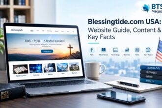 Blessingtide.com USA website guide showing faith, Bible verses, technology, business, and news content on a laptop.