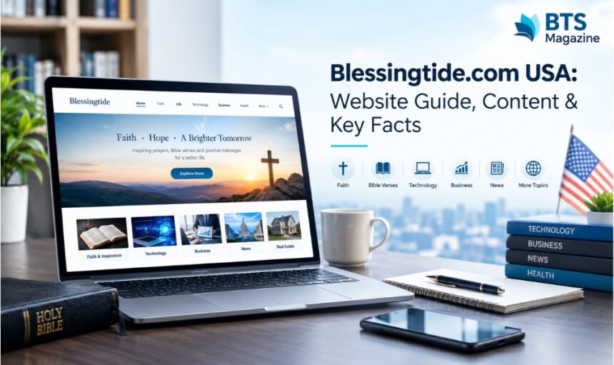 Blessingtide.com USA website guide showing faith, Bible verses, technology, business, and news content on a laptop.