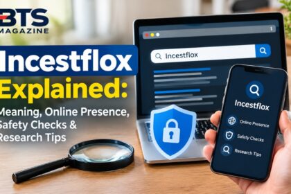 Incestflox meaning and online safety research displayed on a laptop with digital verification elements and BTS Magazine branding.