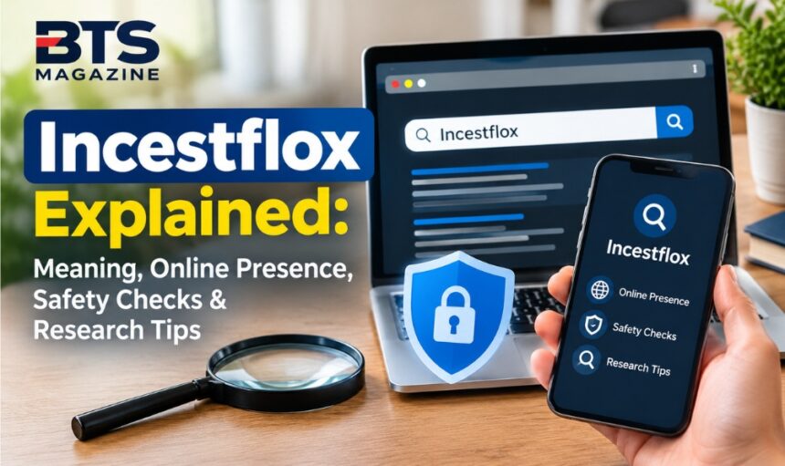 Incestflox meaning and online safety research displayed on a laptop with digital verification elements and BTS Magazine branding.