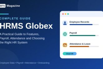 HRMS Globex guide graphic showing employee records, payroll and attendance management tools, by BTS Magazine