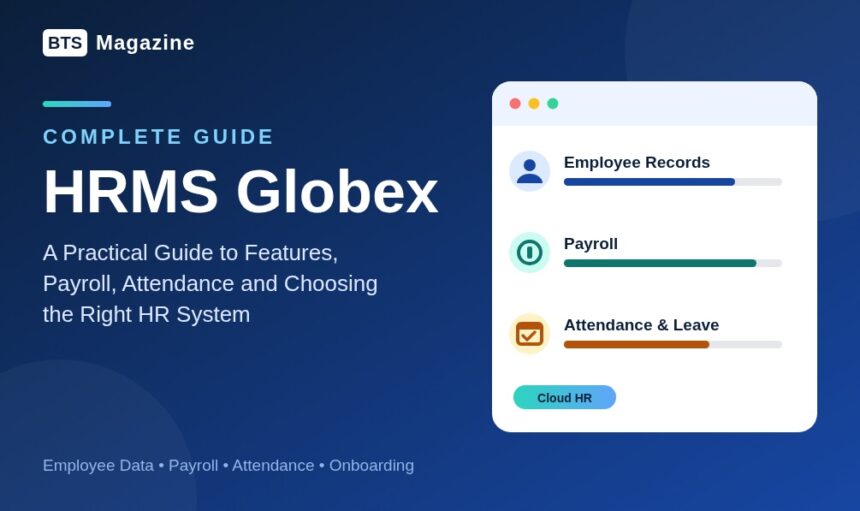 HRMS Globex guide graphic showing employee records, payroll and attendance management tools, by BTS Magazine
