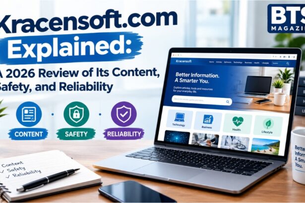Kracensoft.com review showing a modern technology website with software, AI, programming, Windows, and WordPress topics