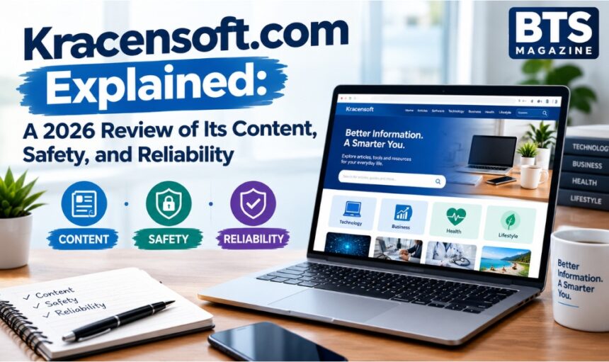 Kracensoft.com review showing a modern technology website with software, AI, programming, Windows, and WordPress topics