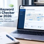 Zuhio Keyword Count Checker showing keyword frequency and SEO content analysis on a laptop