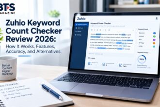 Zuhio Keyword Count Checker showing keyword frequency and SEO content analysis on a laptop