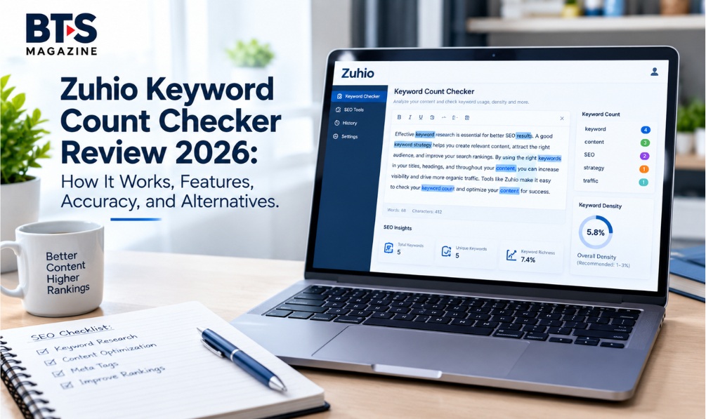 Zuhio Keyword Count Checker showing keyword frequency and SEO content analysis on a laptop
