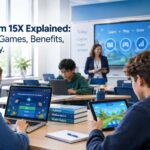 Classroom 15X educational platform with students using devices for interactive learning games