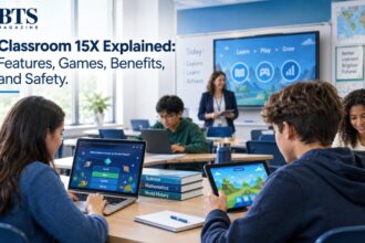 Classroom 15X educational platform with students using devices for interactive learning games