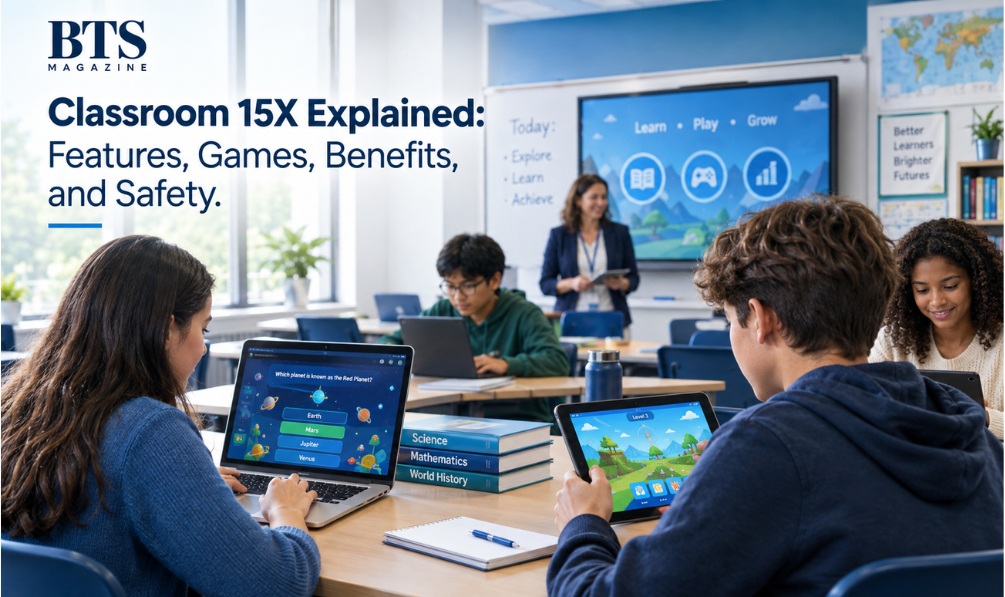 Classroom 15X educational platform with students using devices for interactive learning games