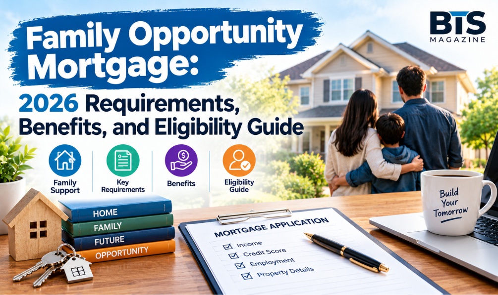 Family Opportunity Mortgage guide showing an adult child and elderly parent discussing home financing options.