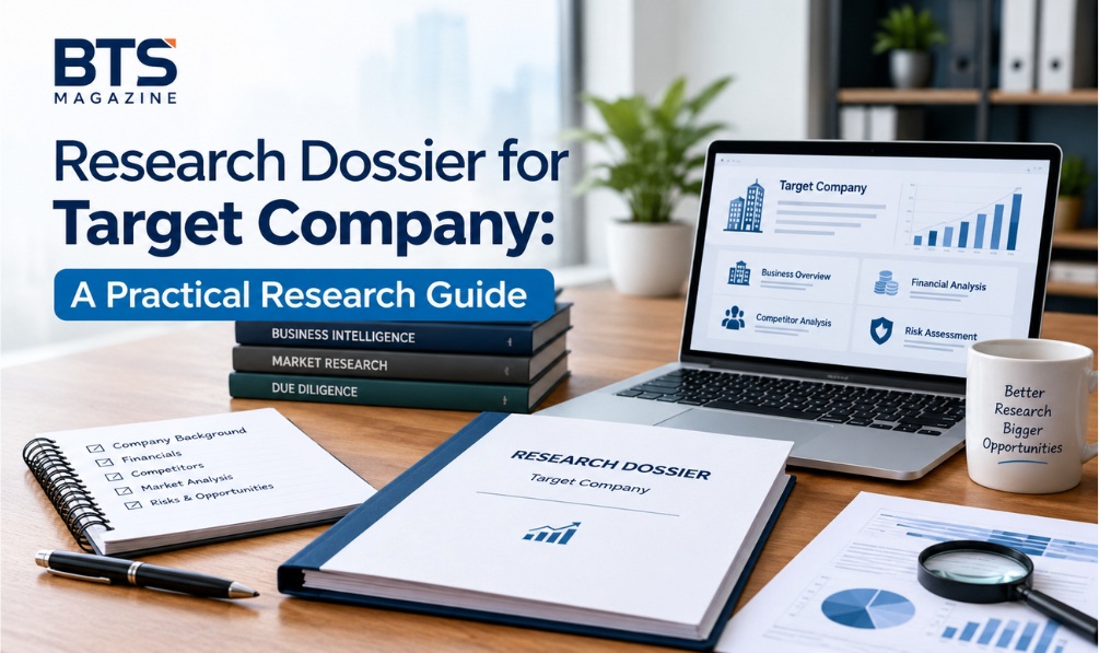 Research dossier for a target company covering business background, financial analysis, competitors, and risk assessment