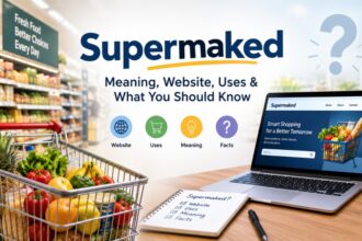 Supermaked meaning and website guide with supermarket shopping imagery and online research