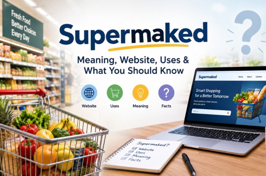 Supermaked meaning and website guide with supermarket shopping imagery and online research