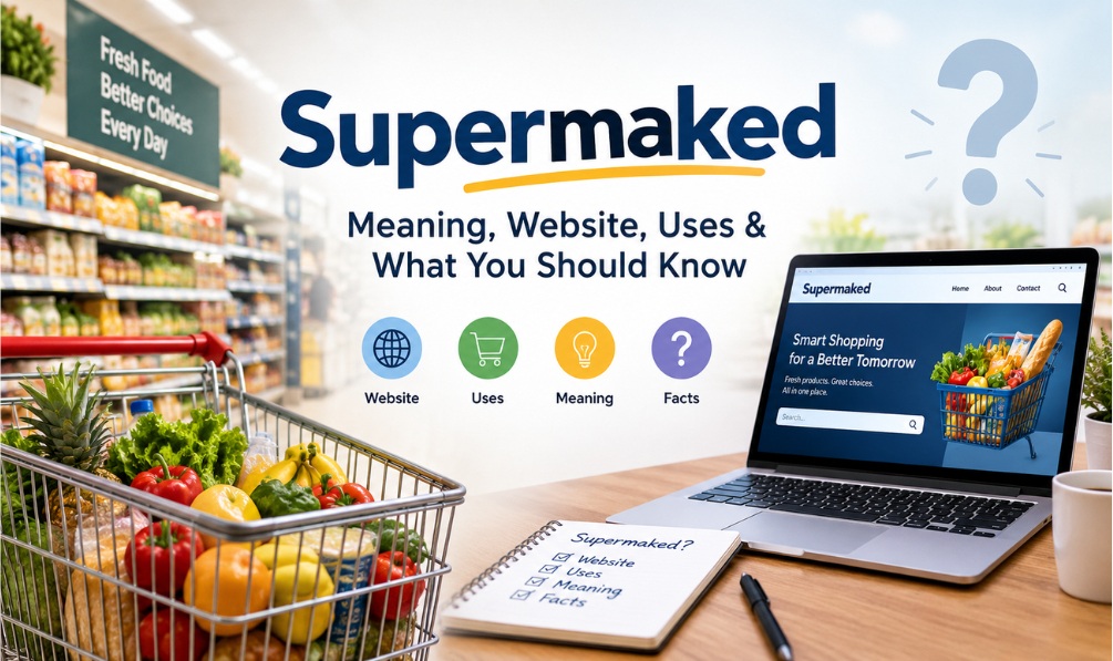 Supermaked meaning and website guide with supermarket shopping imagery and online research