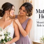 Bride with matron of honor during wedding preparation