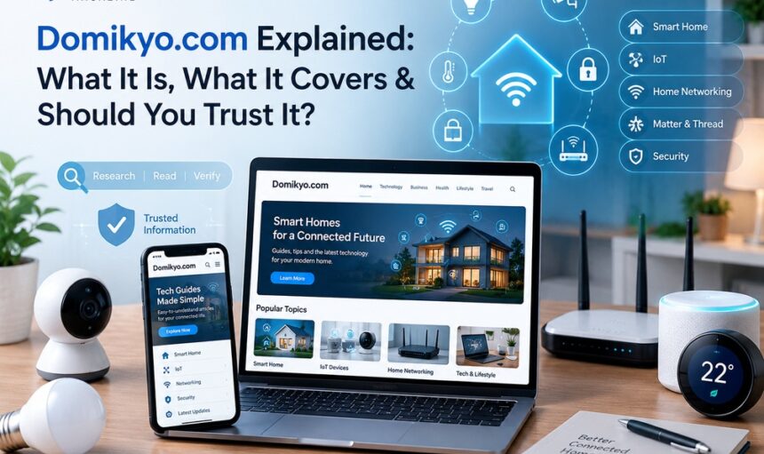 Domikyo.com explained with smart home, IoT, networking, and cybersecurity technology visuals.