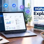 HQPotner explained with business productivity dashboard, collaboration tools, AI, analytics, and wellness elements