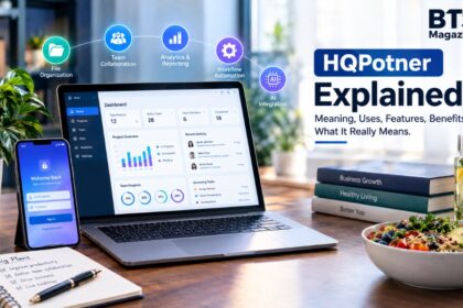 HQPotner explained with business productivity dashboard, collaboration tools, AI, analytics, and wellness elements