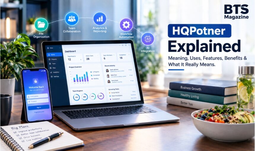 HQPotner explained with business productivity dashboard, collaboration tools, AI, analytics, and wellness elements