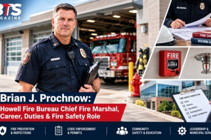 Brian J. Prochnow Howell Fire Bureau Chief Fire Marshal reviewing fire safety and inspection information