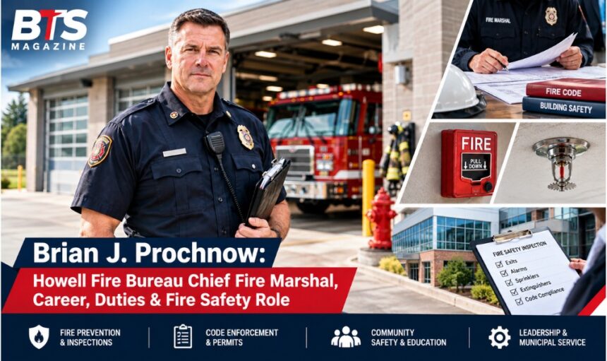 Brian J. Prochnow Howell Fire Bureau Chief Fire Marshal reviewing fire safety and inspection information