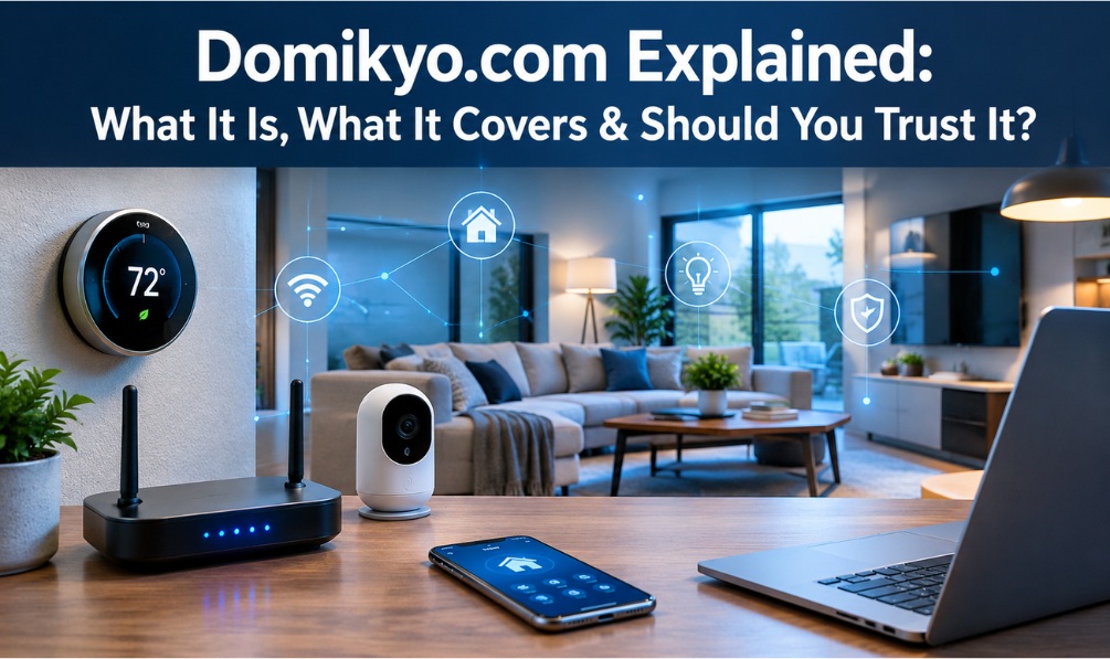 Domikyo.com explained with smart home technology, connected devices, Wi-Fi networking, and IoT security.