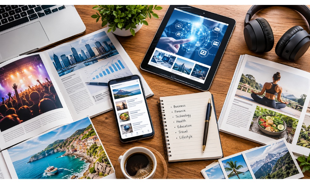 Business, technology, education and lifestyle topics associated with online publishing.
