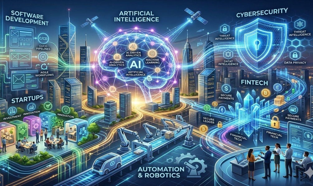 Technology news categories including AI cybersecurity gadgets and startups