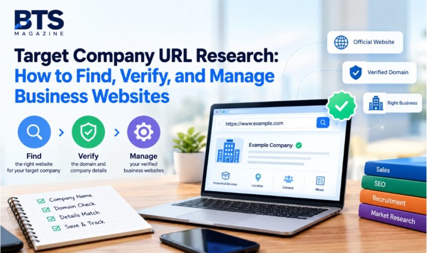 Target company URL research showing how to find and verify official business websites
