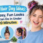 olorful crazy hair day ideas with mismatched ponytails, bows and rainbow hair spray