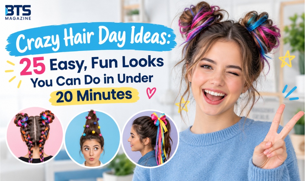 olorful crazy hair day ideas with mismatched ponytails, bows and rainbow hair spray