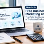 Nemin.io free business and marketing calculators dashboard on a laptop screen