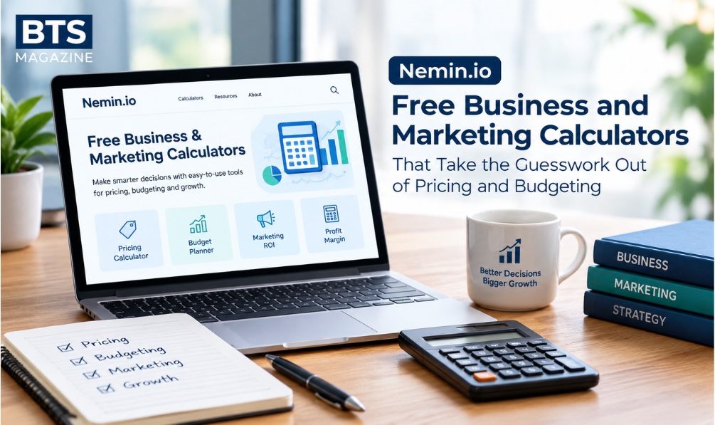 Nemin.io free business and marketing calculators dashboard on a laptop screen